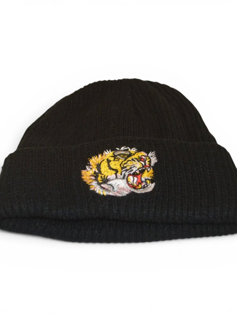 Vintage Tiger Embroidered Black Knit Beanie Skull Cap One Size New